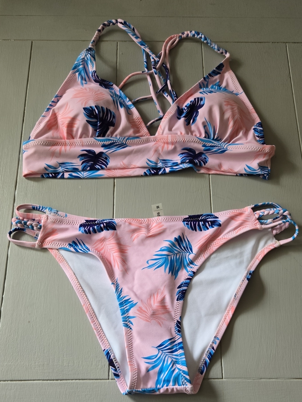 Cupshe Women’s Pink Tropical Print Bikini Set with Strappy Details
